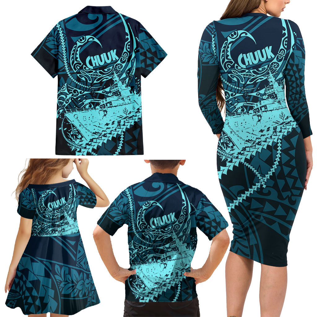 Chuuk Deep Into Truk Lagoon Family Matching Long Sleeve Bodycon Dress and Hawaiian Shirt Polynesian Tribal Pattern Wreck Diving Teal Ship Art TS04 - Polynesian Pride