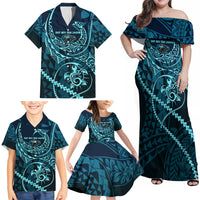 Chuuk Deep Into Truk Lagoon Family Matching Off Shoulder Maxi Dress and Hawaiian Shirt Polynesian Tribal Pattern Wreck Diving Teal Ship Art