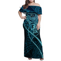 Chuuk Deep Into Truk Lagoon Family Matching Off Shoulder Maxi Dress and Hawaiian Shirt Polynesian Tribal Pattern Wreck Diving Teal Ship Art