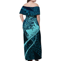 Chuuk Deep Into Truk Lagoon Family Matching Off Shoulder Maxi Dress and Hawaiian Shirt Polynesian Tribal Pattern Wreck Diving Teal Ship Art