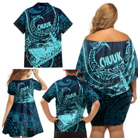 Chuuk Deep Into Truk Lagoon Family Matching Off Shoulder Short Dress and Hawaiian Shirt Polynesian Tribal Pattern Wreck Diving Teal Ship Art