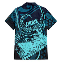 Chuuk Deep Into Truk Lagoon Family Matching Off Shoulder Short Dress and Hawaiian Shirt Polynesian Tribal Pattern Wreck Diving Teal Ship Art