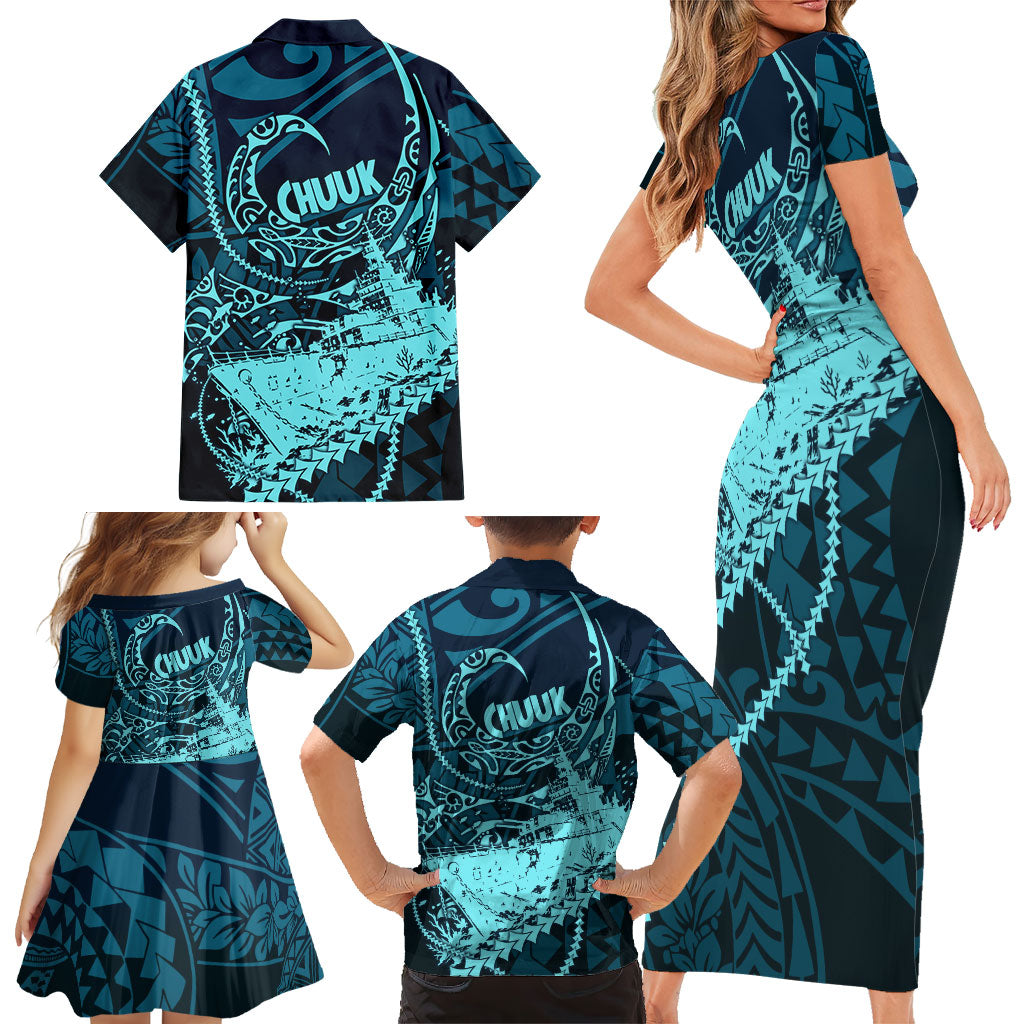 Chuuk Deep Into Truk Lagoon Family Matching Short Sleeve Bodycon Dress and Hawaiian Shirt Polynesian Tribal Pattern Wreck Diving Teal Ship Art TS04 - Polynesian Pride