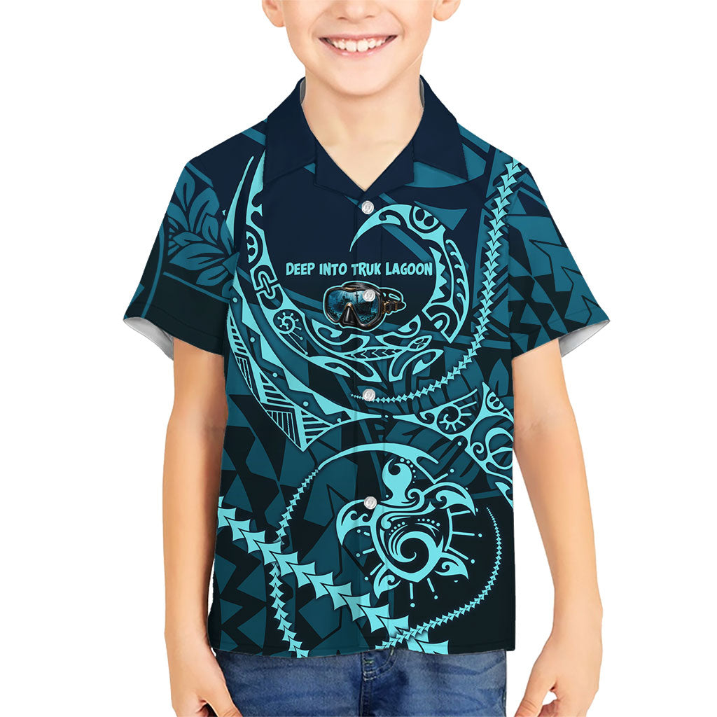 Chuuk Deep Into Truk Lagoon Family Matching Short Sleeve Bodycon Dress and Hawaiian Shirt Polynesian Tribal Pattern Wreck Diving Teal Ship Art TS04 Son's Shirt Blue Black - Polynesian Pride