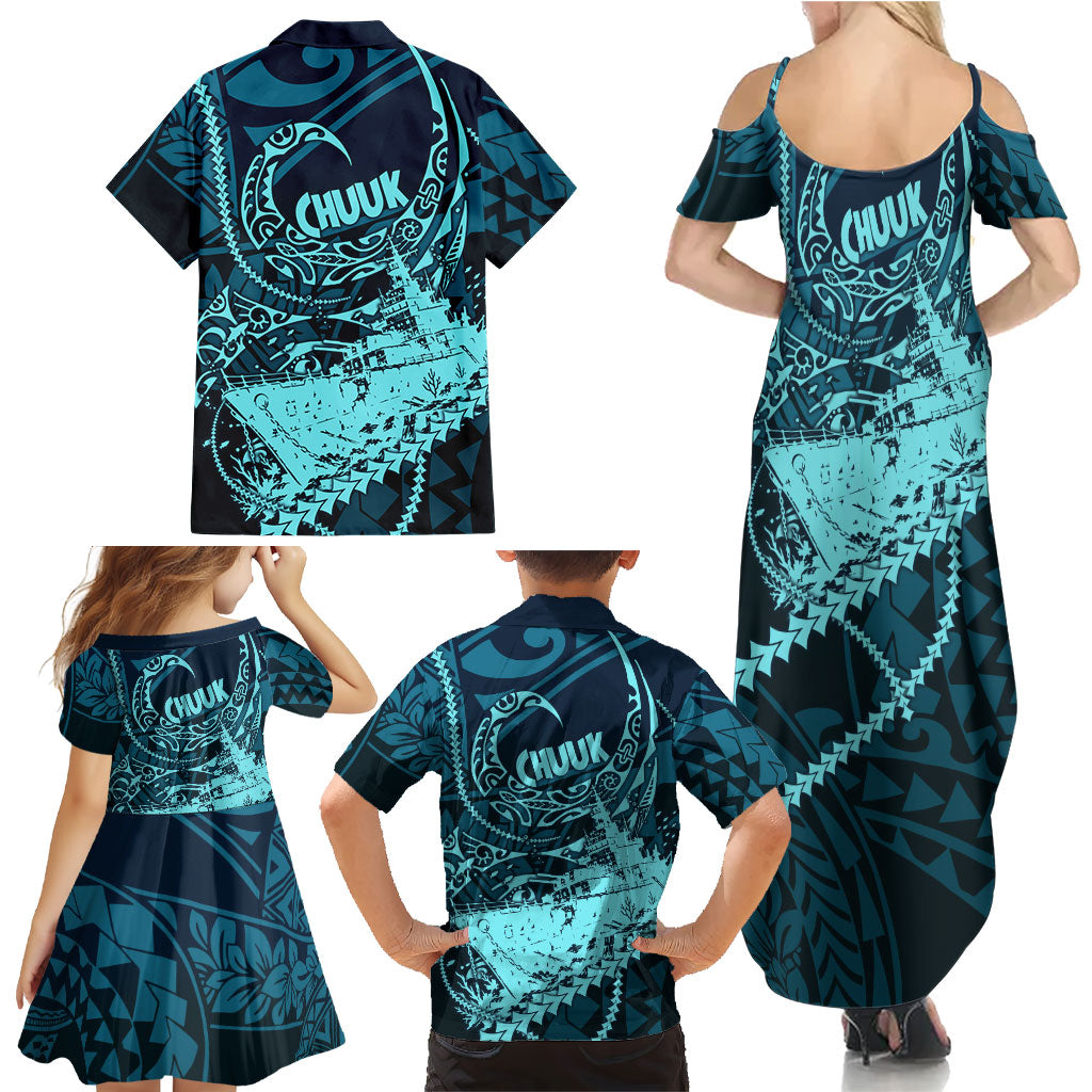 Chuuk Deep Into Truk Lagoon Family Matching Summer Maxi Dress and Hawaiian Shirt Polynesian Tribal Pattern Wreck Diving Teal Ship Art