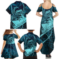 Chuuk Deep Into Truk Lagoon Family Matching Summer Maxi Dress and Hawaiian Shirt Polynesian Tribal Pattern Wreck Diving Teal Ship Art