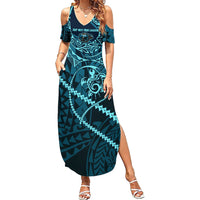 Chuuk Deep Into Truk Lagoon Family Matching Summer Maxi Dress and Hawaiian Shirt Polynesian Tribal Pattern Wreck Diving Teal Ship Art