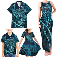 Chuuk Deep Into Truk Lagoon Family Matching Tank Maxi Dress and Hawaiian Shirt Polynesian Tribal Pattern Wreck Diving Teal Ship Art