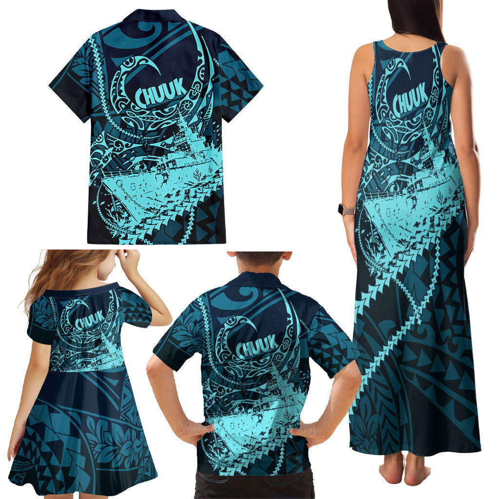 Chuuk Deep Into Truk Lagoon Family Matching Tank Maxi Dress and Hawaiian Shirt Polynesian Tribal Pattern Wreck Diving Teal Ship Art