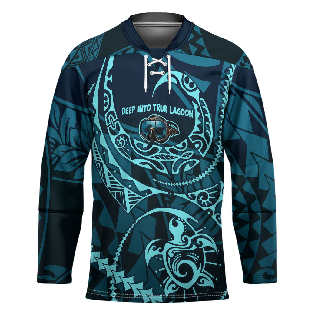 Chuuk Deep Into Truk Lagoon Hockey Jersey Polynesian Tribal Pattern Wreck Diving Teal Ship Art