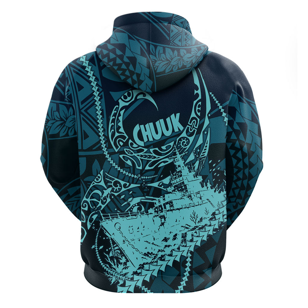 Chuuk Deep Into Truk Lagoon Hoodie Polynesian Tribal Pattern Wreck Diving Teal Ship Art