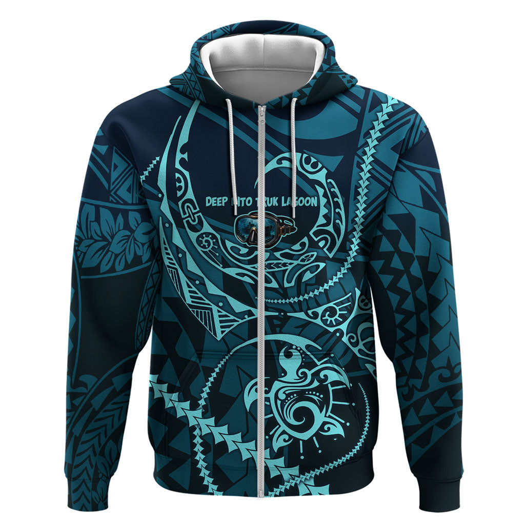 Chuuk Deep Into Truk Lagoon Hoodie Polynesian Tribal Pattern Wreck Diving Teal Ship Art