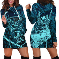 Chuuk Deep Into Truk Lagoon Hoodie Dress Polynesian Tribal Pattern Wreck Diving Teal Ship Art
