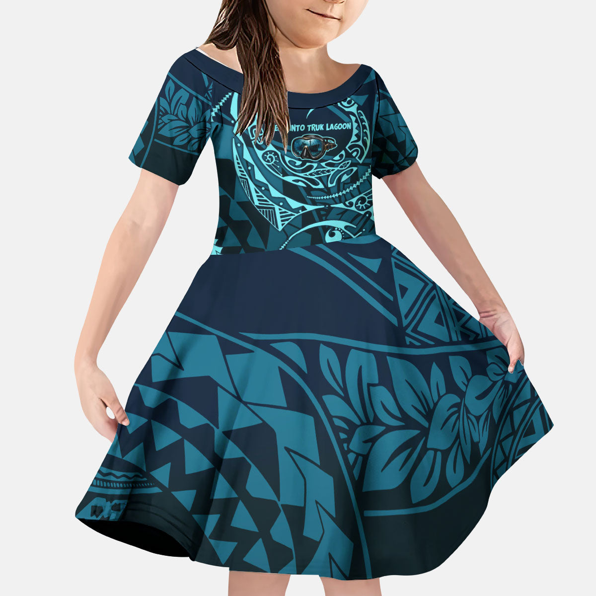 Chuuk Deep Into Truk Lagoon Kid Short Sleeve Dress Polynesian Tribal Pattern Wreck Diving Teal Ship Art TS04 KID Blue Black - Polynesian Pride