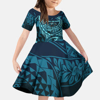 Chuuk Deep Into Truk Lagoon Kid Short Sleeve Dress Polynesian Tribal Pattern Wreck Diving Teal Ship Art