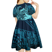 Chuuk Deep Into Truk Lagoon Kid Short Sleeve Dress Polynesian Tribal Pattern Wreck Diving Teal Ship Art