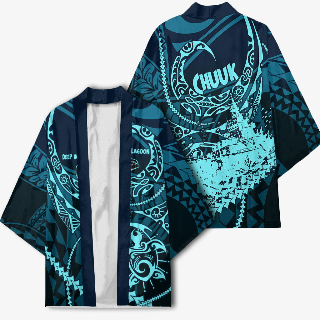 Chuuk Deep Into Truk Lagoon Kimono Polynesian Tribal Pattern Wreck Diving Teal Ship Art
