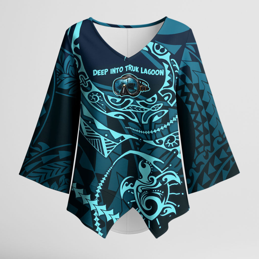 Chuuk Deep Into Truk Lagoon Kimono Sleeve Blouse Polynesian Tribal Pattern Wreck Diving Teal Ship Art