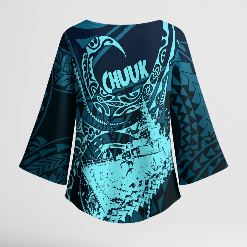 Chuuk Deep Into Truk Lagoon Kimono Sleeve Blouse Polynesian Tribal Pattern Wreck Diving Teal Ship Art