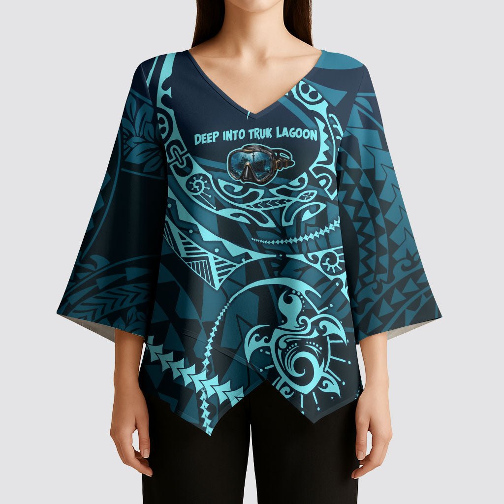 Chuuk Deep Into Truk Lagoon Kimono Sleeve Blouse Polynesian Tribal Pattern Wreck Diving Teal Ship Art