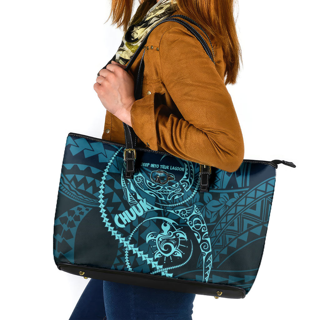 Chuuk Deep Into Truk Lagoon Leather Tote Bag Polynesian Tribal Pattern Wreck Diving Teal Ship Art