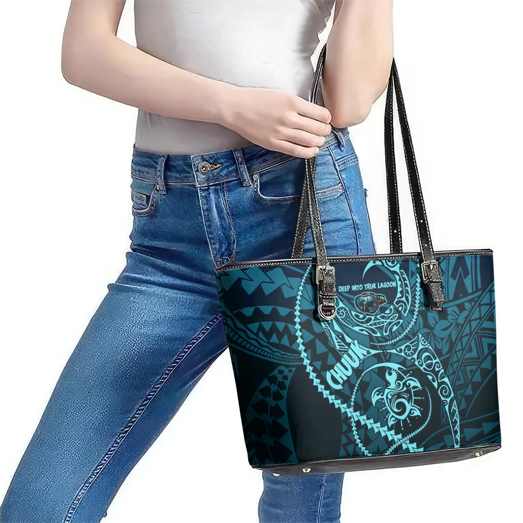 Chuuk Deep Into Truk Lagoon Leather Tote Bag Polynesian Tribal Pattern Wreck Diving Teal Ship Art