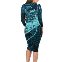 Chuuk Deep Into Truk Lagoon Long Sleeve Bodycon Dress Polynesian Tribal Pattern Wreck Diving Teal Ship Art