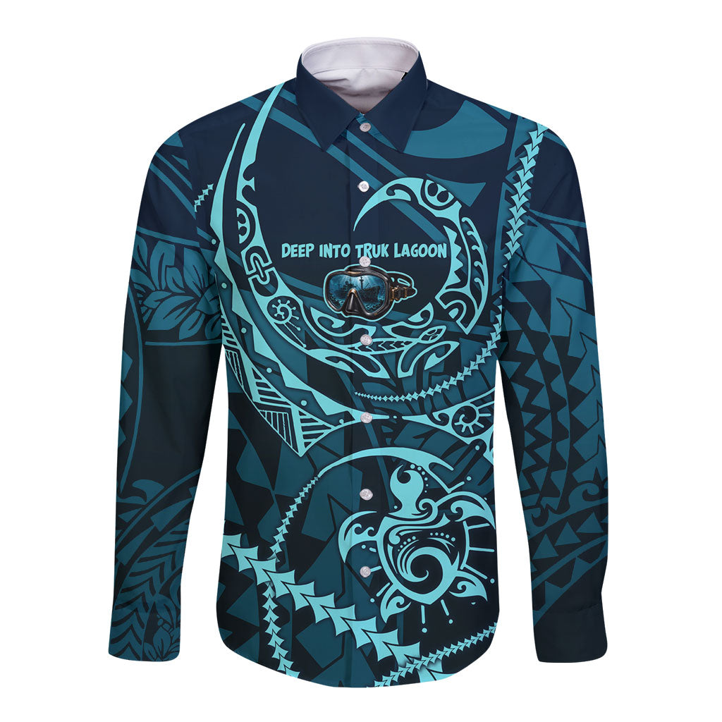 Chuuk Deep Into Truk Lagoon Long Sleeve Button Shirt Polynesian Tribal Pattern Wreck Diving Teal Ship Art