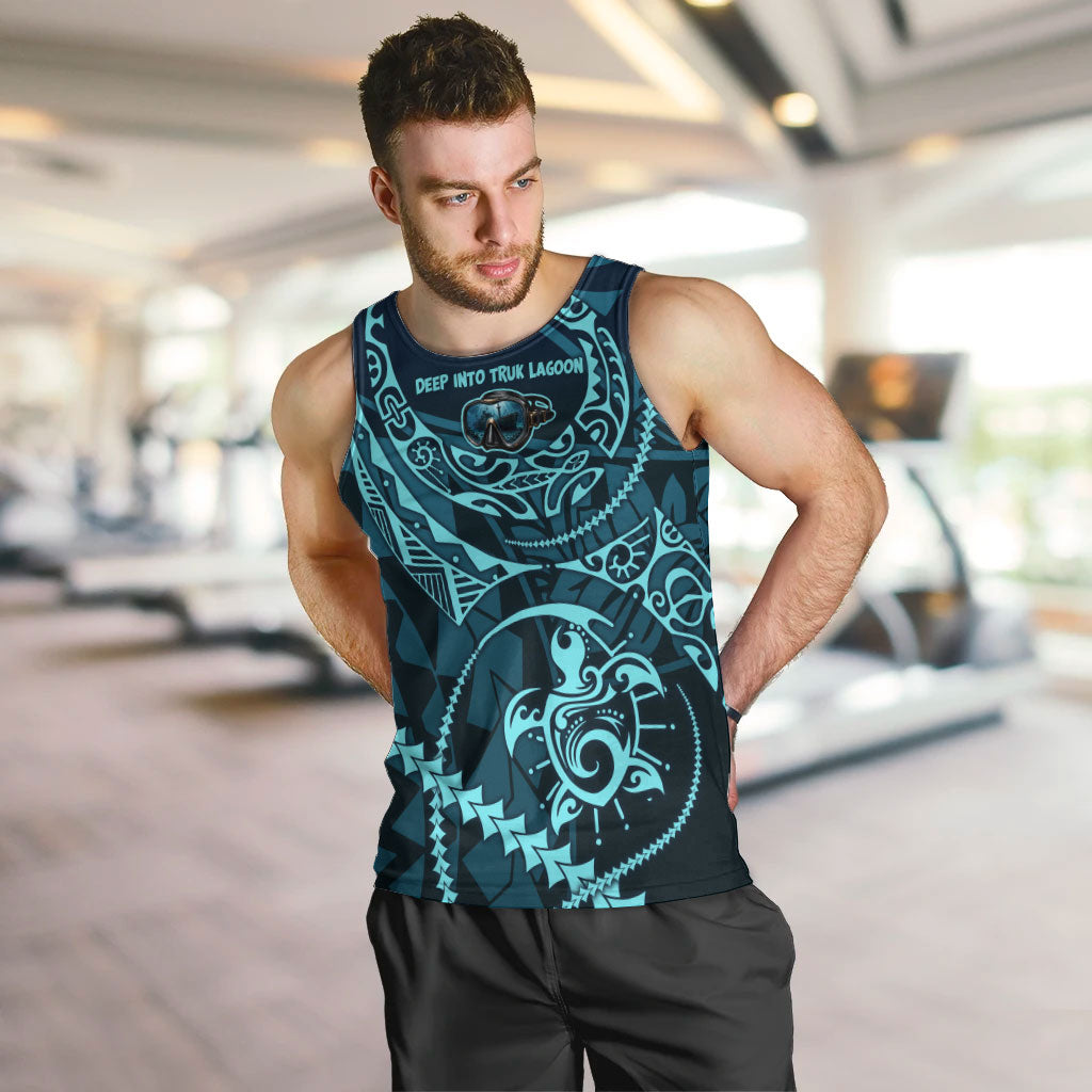 Chuuk Deep Into Truk Lagoon Men Tank Top Polynesian Tribal Pattern Wreck Diving Teal Ship Art TS04 Blue Black - Polynesian Pride
