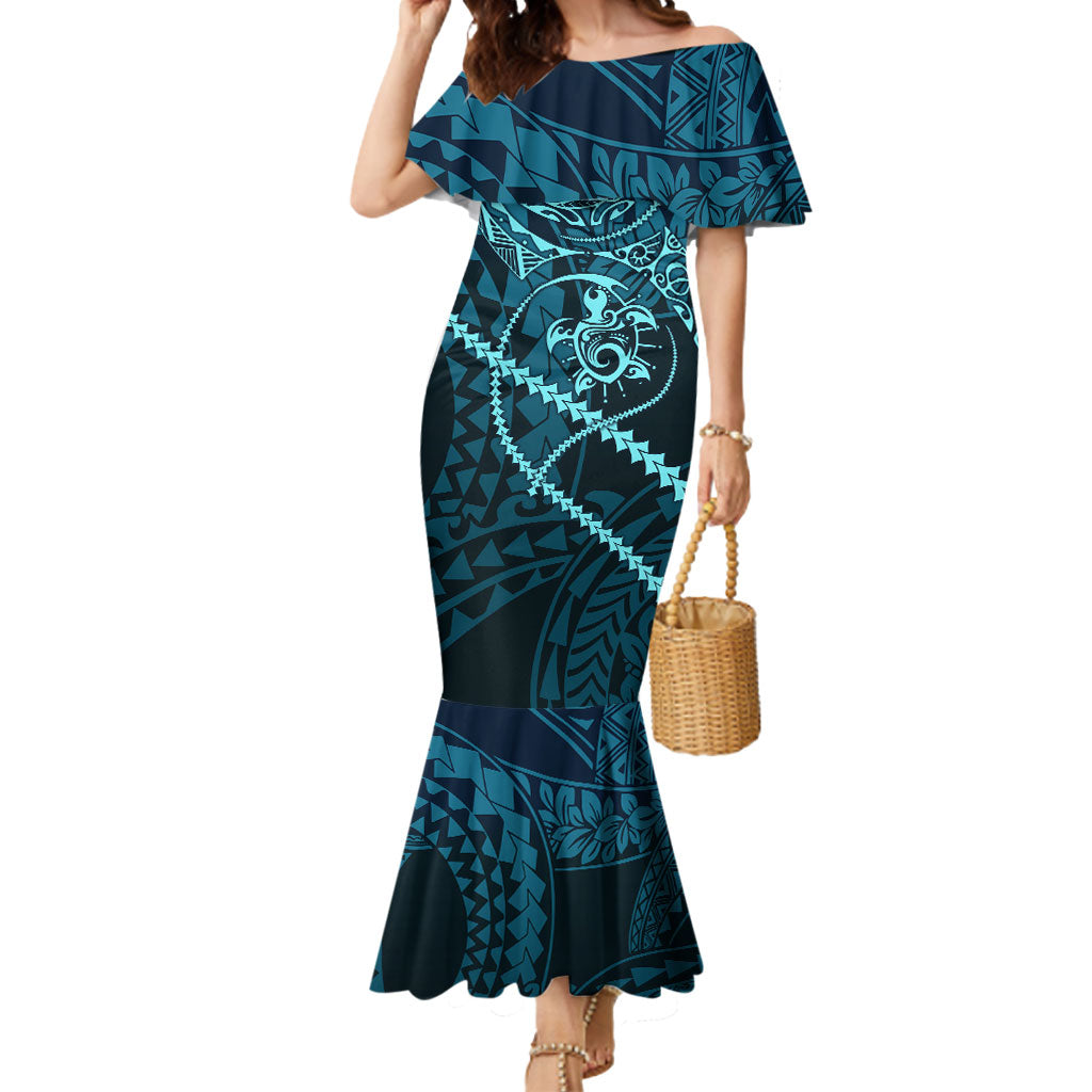 Chuuk Deep Into Truk Lagoon Mermaid Dress Polynesian Tribal Pattern Wreck Diving Teal Ship Art TS04 Women Blue Black - Polynesian Pride