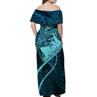 Chuuk Deep Into Truk Lagoon Off Shoulder Maxi Dress Polynesian Tribal Pattern Wreck Diving Teal Ship Art