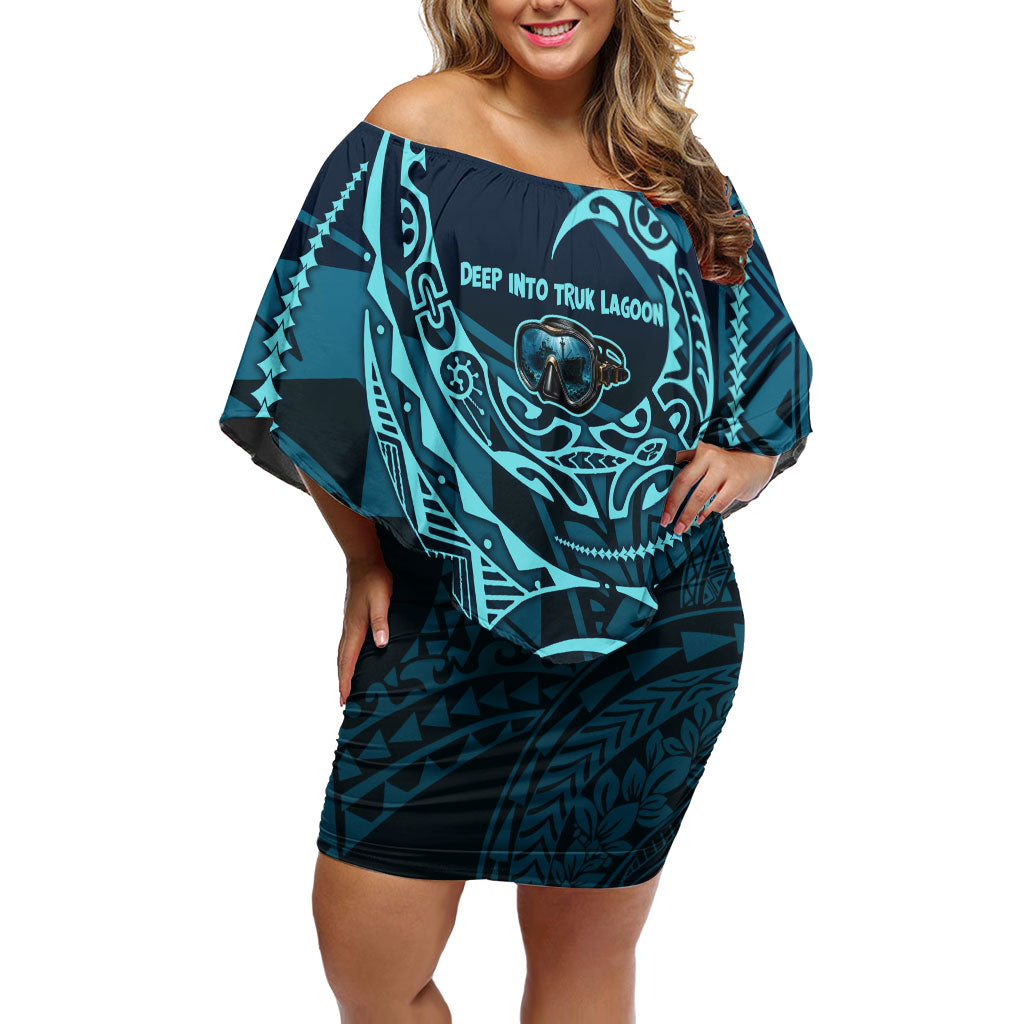 Chuuk Deep Into Truk Lagoon Off Shoulder Short Dress Polynesian Tribal Pattern Wreck Diving Teal Ship Art TS04 Women Blue Black - Polynesian Pride