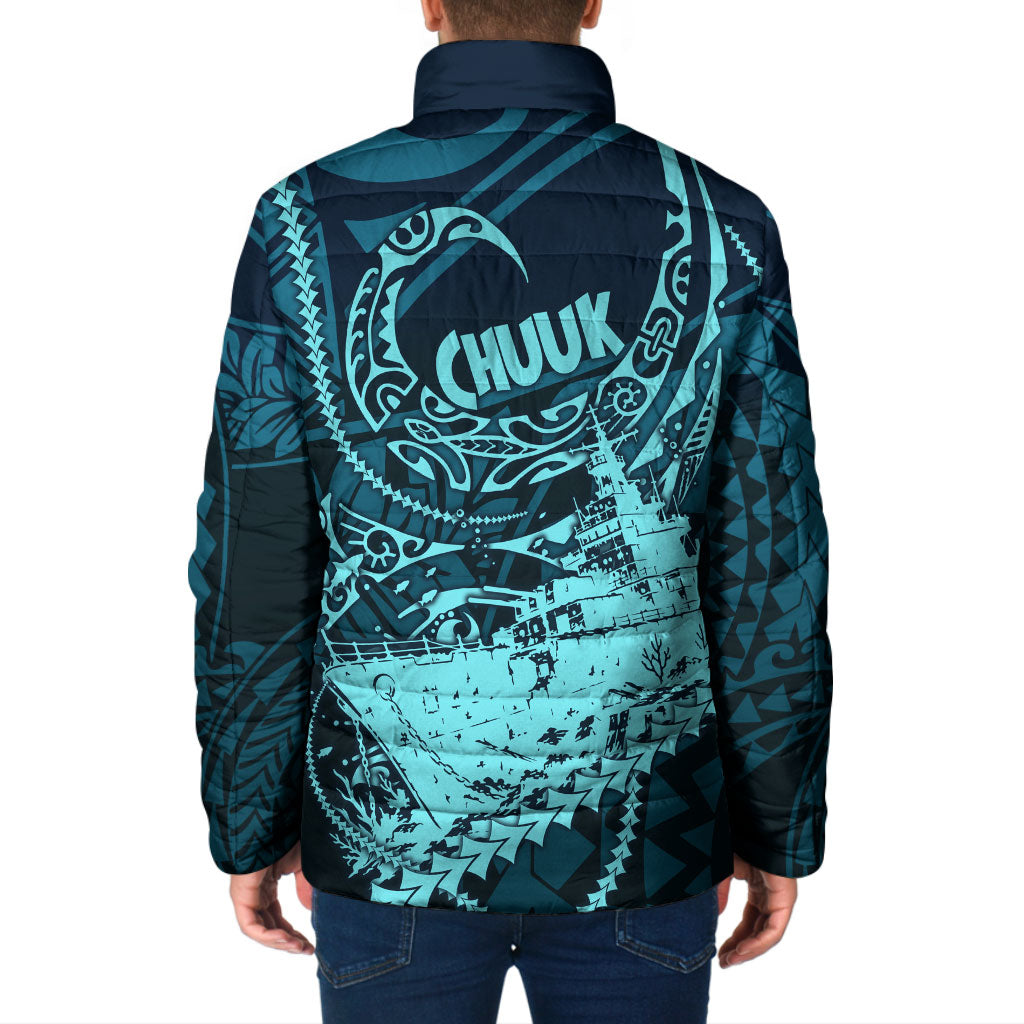 Chuuk Deep Into Truk Lagoon Padded Jacket Polynesian Tribal Pattern Wreck Diving Teal Ship Art