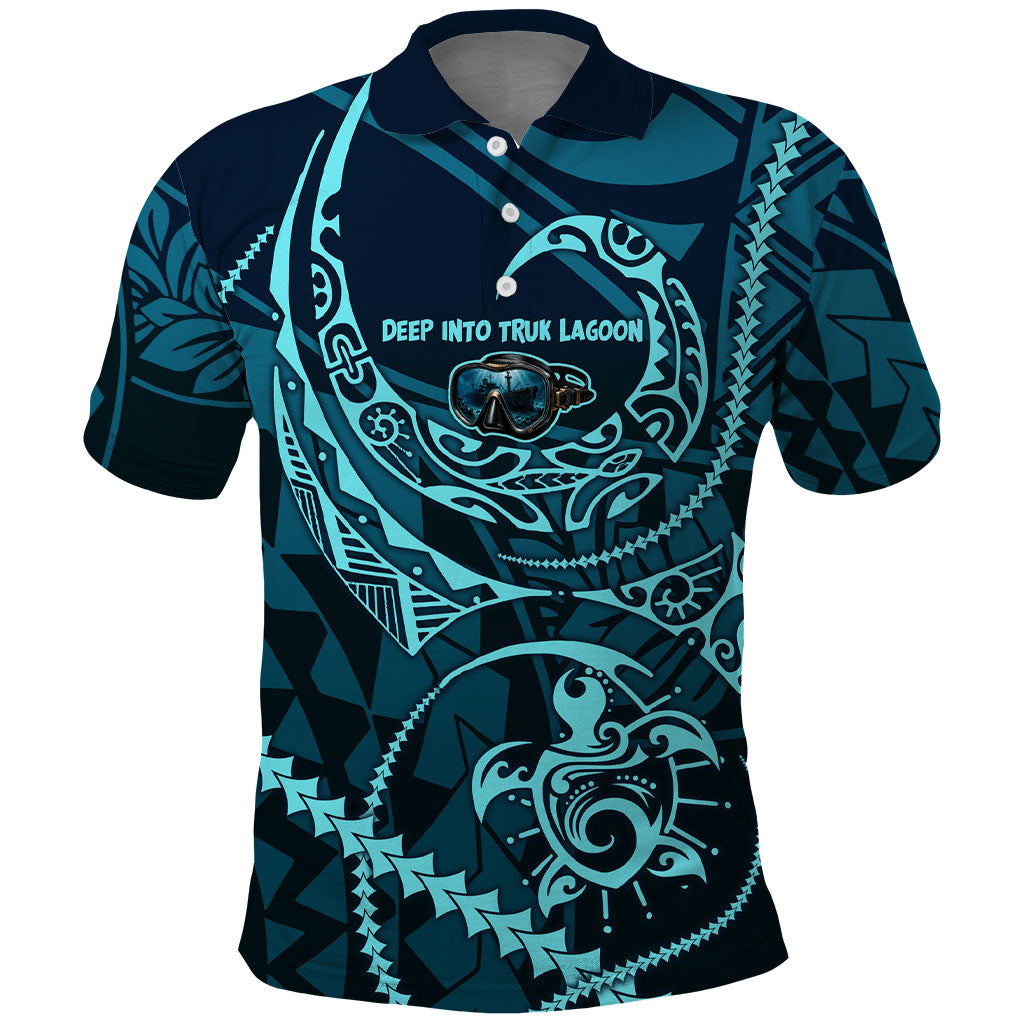 Chuuk Deep Into Truk Lagoon Polo Shirt Polynesian Tribal Pattern Wreck Diving Teal Ship Art