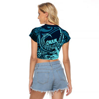 Chuuk Deep Into Truk Lagoon Raglan Cropped T Shirt Polynesian Tribal Pattern Wreck Diving Teal Ship Art