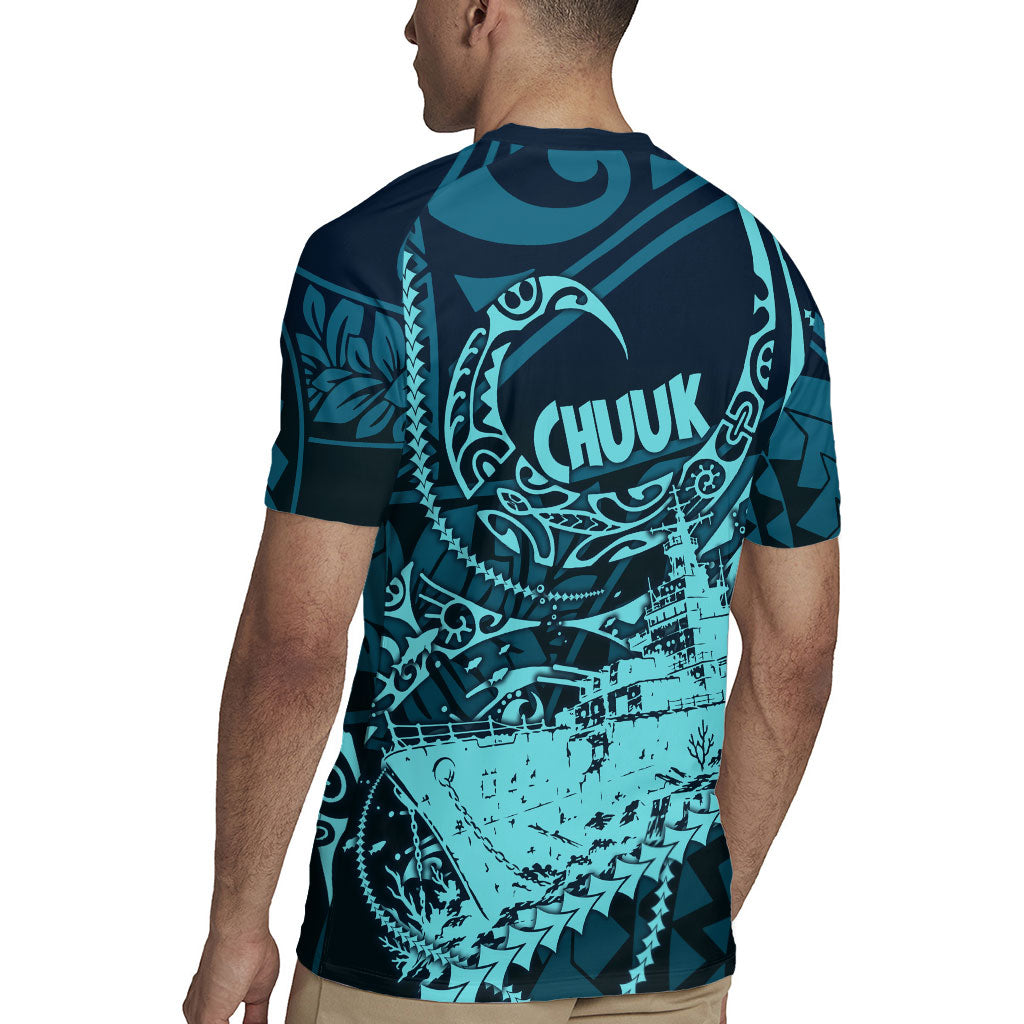 Chuuk Deep Into Truk Lagoon Rugby Jersey Polynesian Tribal Pattern Wreck Diving Teal Ship Art