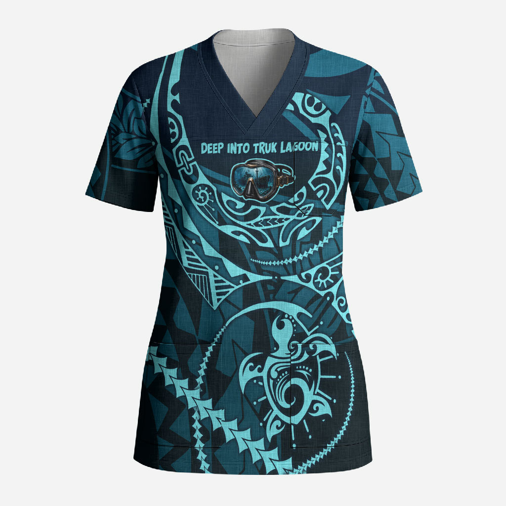 Chuuk Deep Into Truk Lagoon Scrub Top Polynesian Tribal Pattern Wreck Diving Teal Ship Art TS04 Adult Blue Black - Polynesian Pride