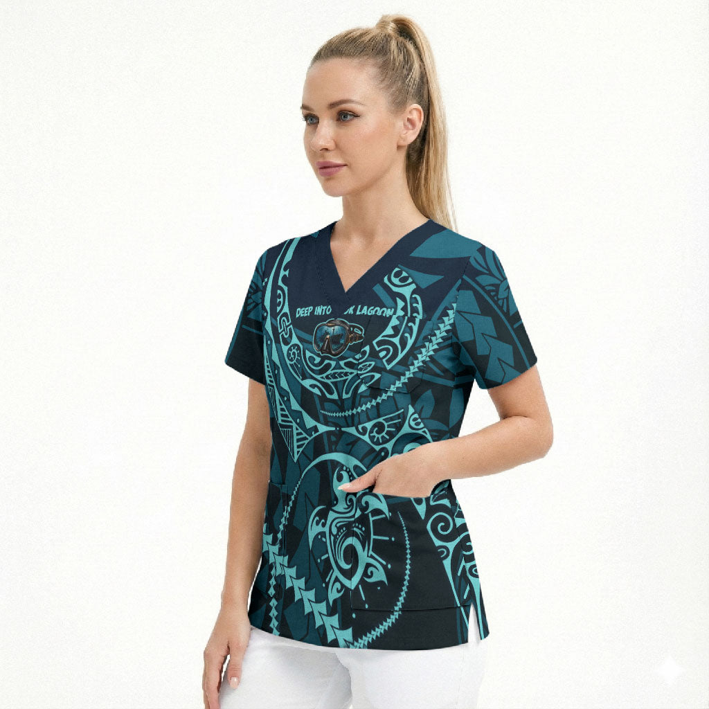 Chuuk Deep Into Truk Lagoon Scrub Top Polynesian Tribal Pattern Wreck Diving Teal Ship Art
