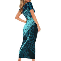 Chuuk Deep Into Truk Lagoon Short Sleeve Bodycon Dress Polynesian Tribal Pattern Wreck Diving Teal Ship Art