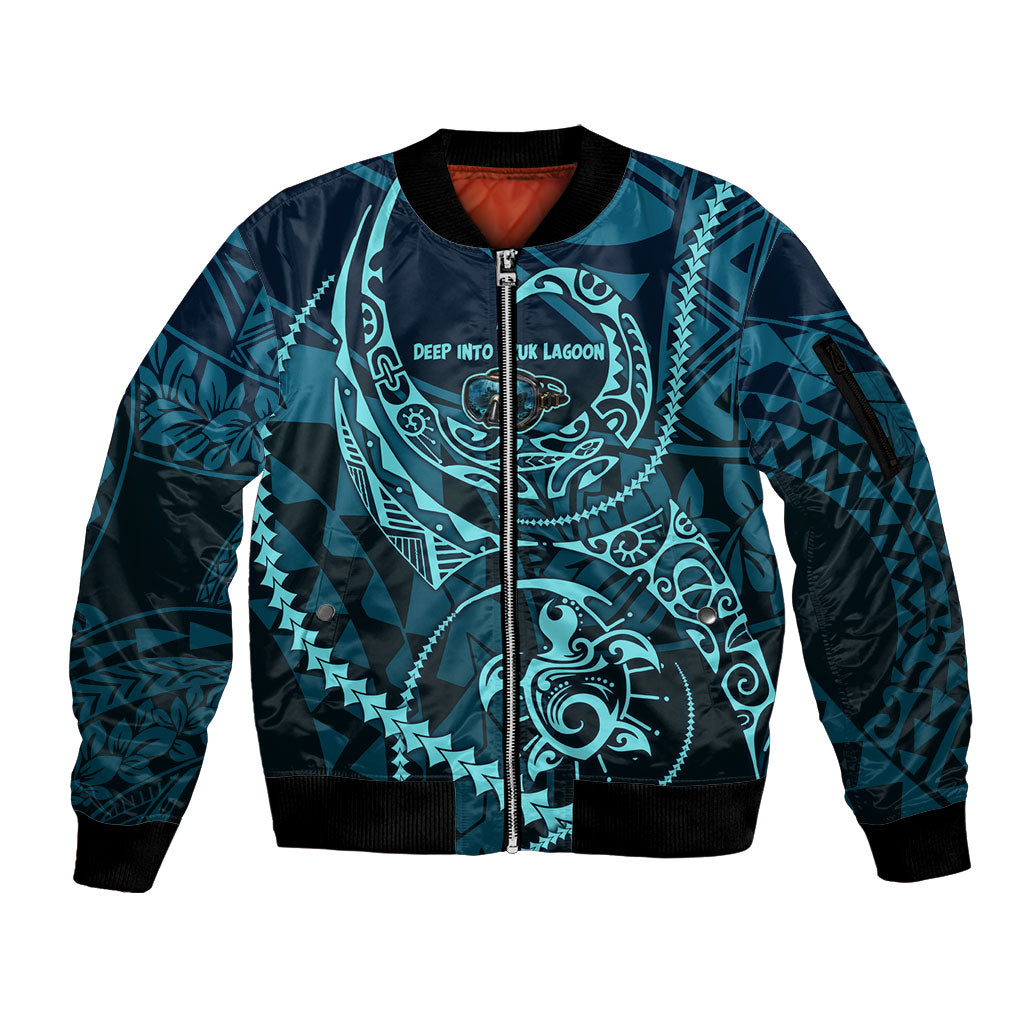 Chuuk Deep Into Truk Lagoon Sleeve Zip Bomber Jacket Polynesian Tribal Pattern Wreck Diving Teal Ship Art