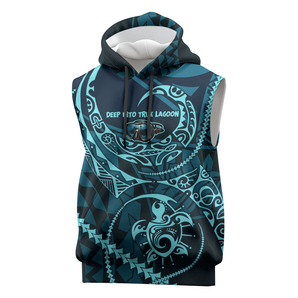 Chuuk Deep Into Truk Lagoon Sleeveless Hoodie Polynesian Tribal Pattern Wreck Diving Teal Ship Art TS04 Blue Black - Polynesian Pride