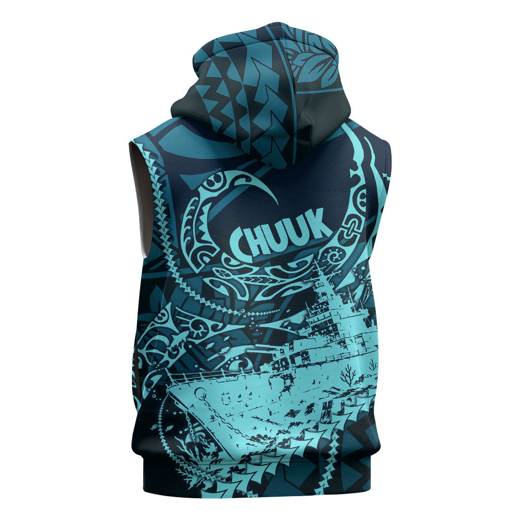 Chuuk Deep Into Truk Lagoon Sleeveless Hoodie Polynesian Tribal Pattern Wreck Diving Teal Ship Art