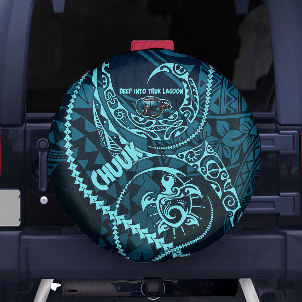 Chuuk Deep Into Truk Lagoon Spare Tire Cover Polynesian Tribal Pattern Wreck Diving Teal Ship Art
