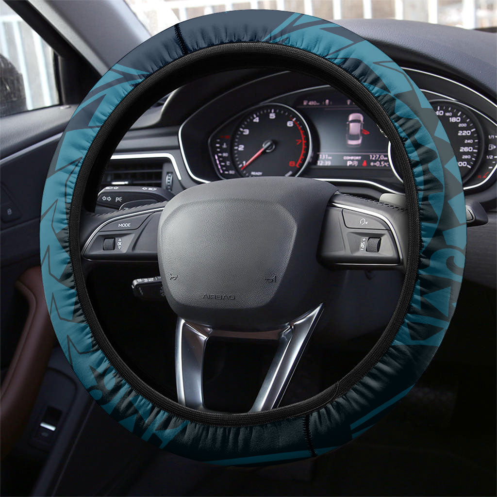 Chuuk Deep Into Truk Lagoon Steering Wheel Cover Polynesian Tribal Pattern Wreck Diving Teal Ship Art