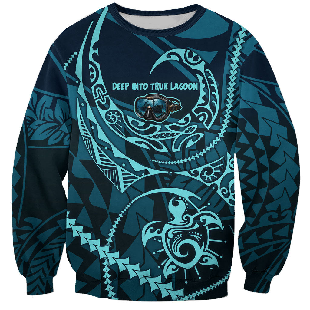 Chuuk Deep Into Truk Lagoon Sweatshirt Polynesian Tribal Pattern Wreck Diving Teal Ship Art TS04 Unisex Blue Black - Polynesian Pride