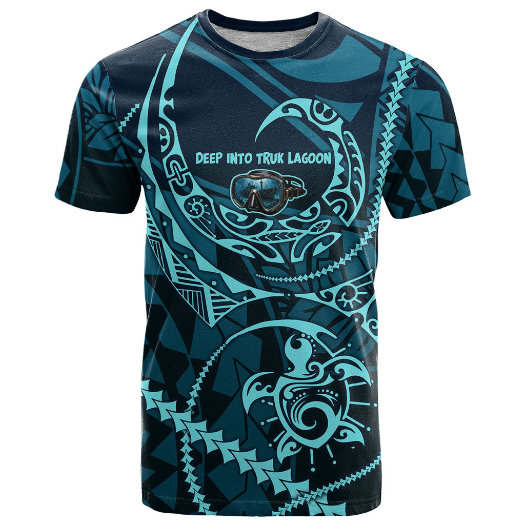 Chuuk Deep Into Truk Lagoon T Shirt Polynesian Tribal Pattern Wreck Diving Teal Ship Art
