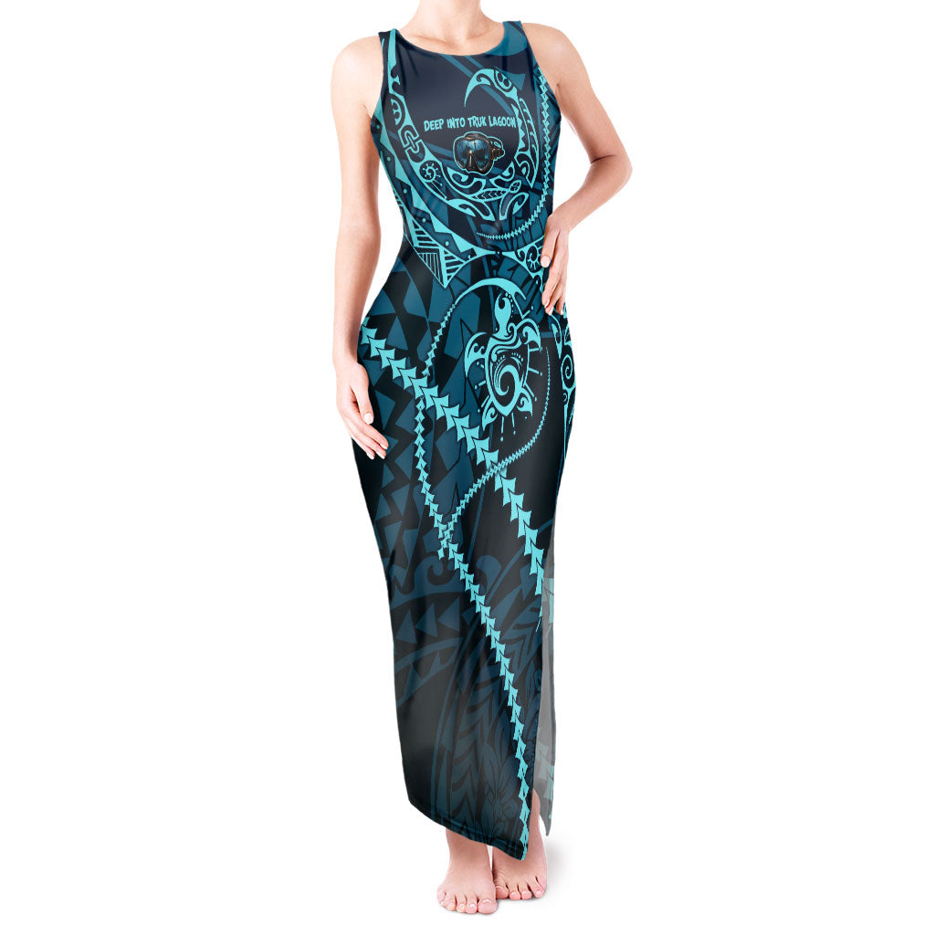 Chuuk Deep Into Truk Lagoon Tank Maxi Dress Polynesian Tribal Pattern Wreck Diving Teal Ship Art TS04 Women Blue Black - Polynesian Pride