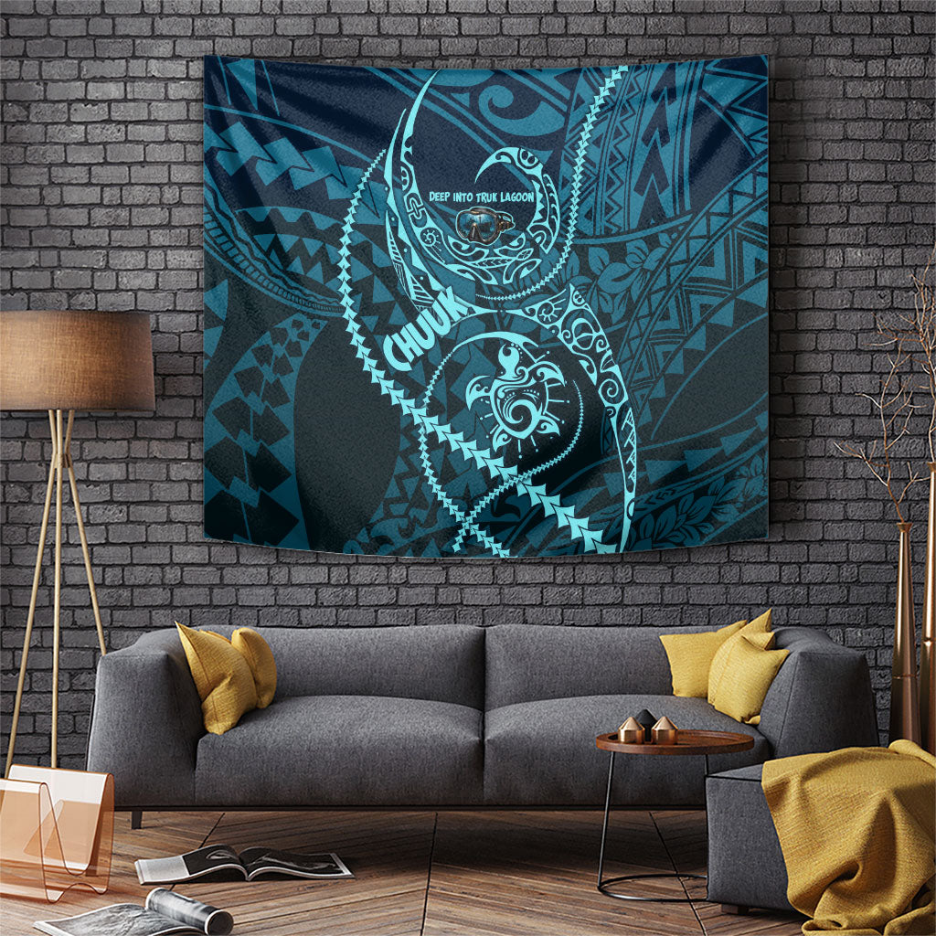 Chuuk Deep Into Truk Lagoon Tapestry Polynesian Tribal Pattern Wreck Diving Teal Ship Art