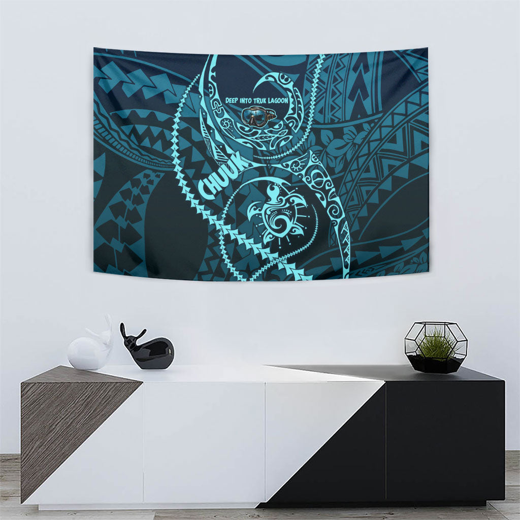 Chuuk Deep Into Truk Lagoon Tapestry Polynesian Tribal Pattern Wreck Diving Teal Ship Art