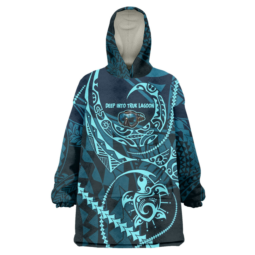 Chuuk Deep Into Truk Lagoon Wearable Blanket Hoodie Polynesian Tribal Pattern Wreck Diving Teal Ship Art